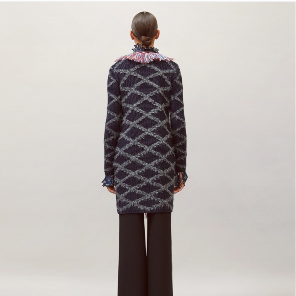 TORY BURCH TWEED TRIM LONG WOOL CARDIGAN WITH ALLOVER FRINGE IN TORY NAVY SIZE S - Picture 4 of 8